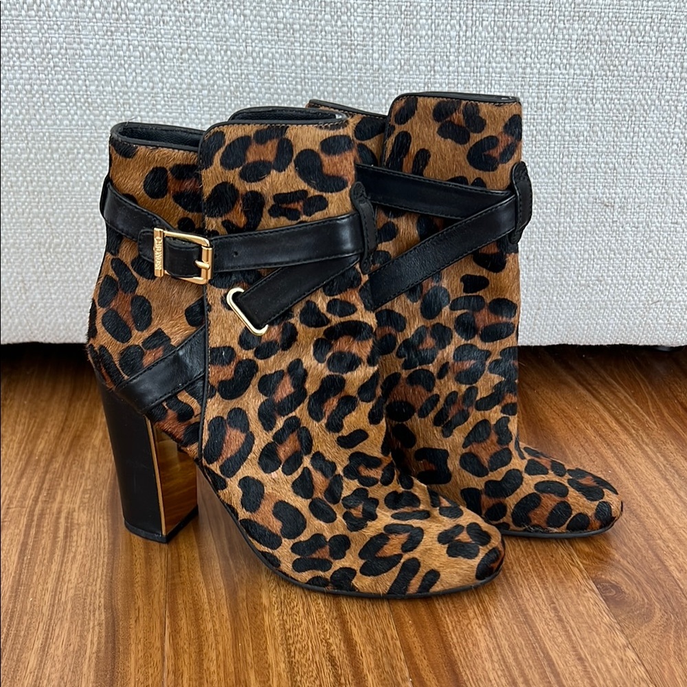 C. Wonder Leopard Print Ankle Boots with Black Straps